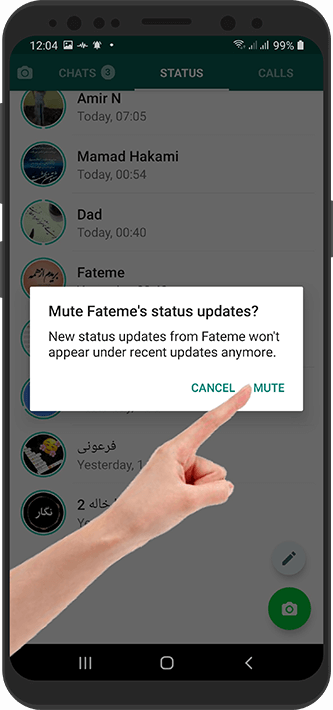 آموزش تصویری مخفی کردن وضعیت یک نفر در واتساپ اندروید
