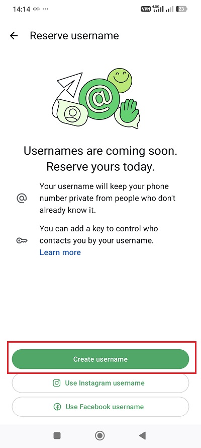 مرحله سوم آموزش ساخت ایدی واتساپ - انتخاب Username
